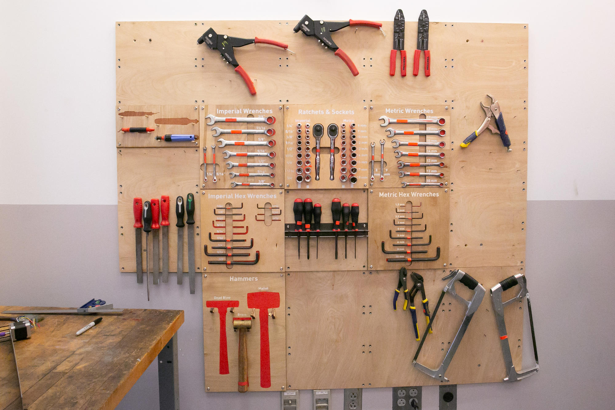 wall of tools accessible in Olin tool shop